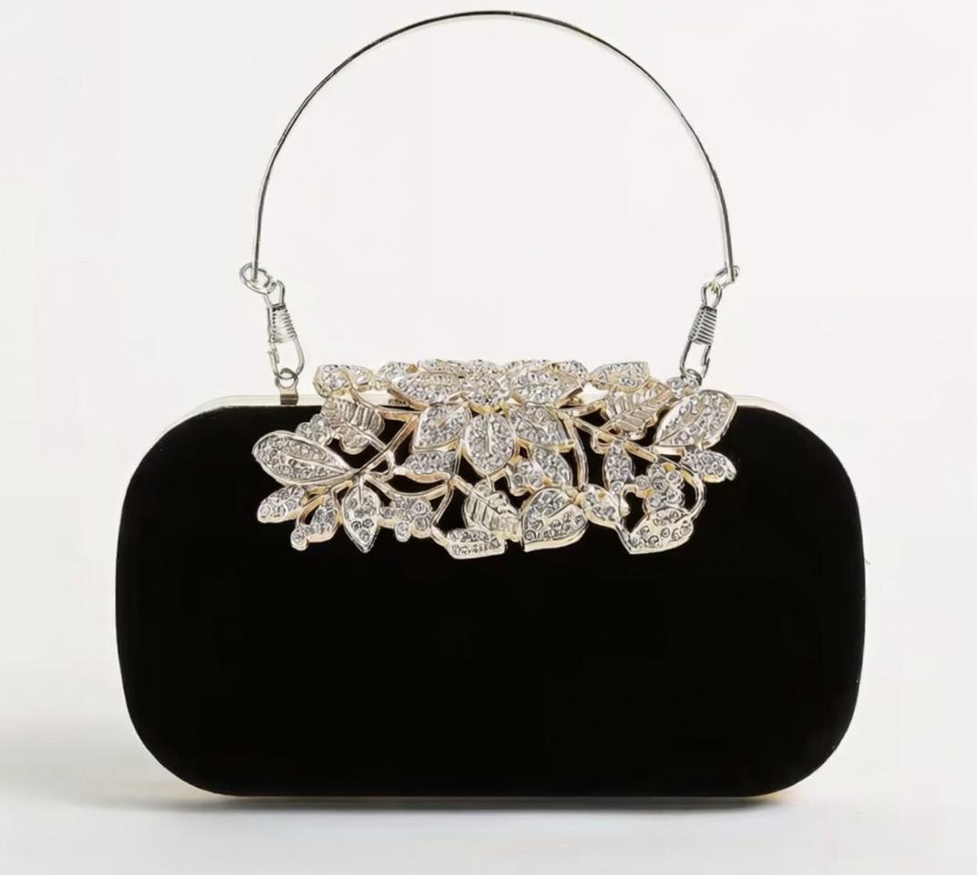 🖤 Golden Leaves – Welurowa Kopertówka Glamour ✨ Złota Aplikacja + Kryształki + Łańcuszek