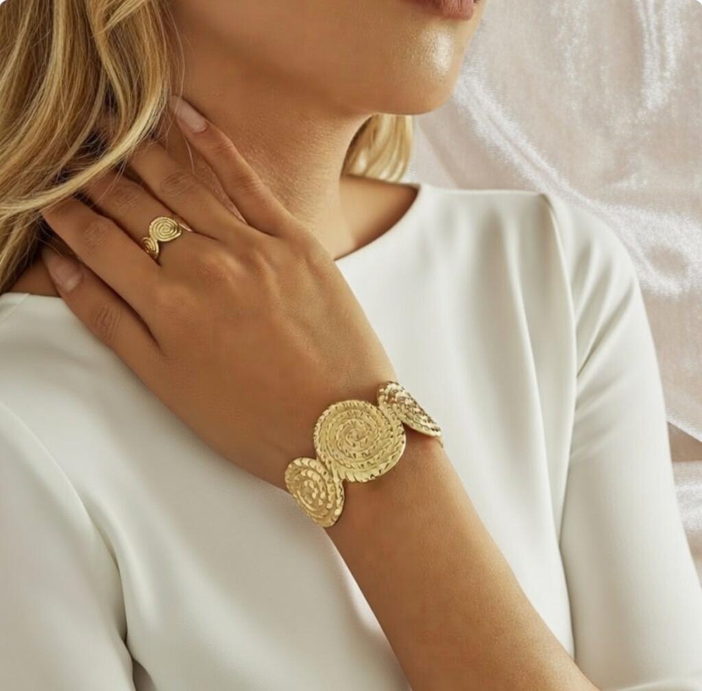 Złota bransoletka mankiet Spiral Vortex – teksturowane spirale open cuff + pierścionek✨🌀