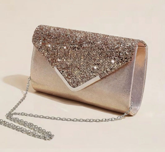 ✨ Golden Blush Sparkle – Brokatowa Kopertówka Złoto-Różowa 💖 Błysk Glamour + Łańcuszek