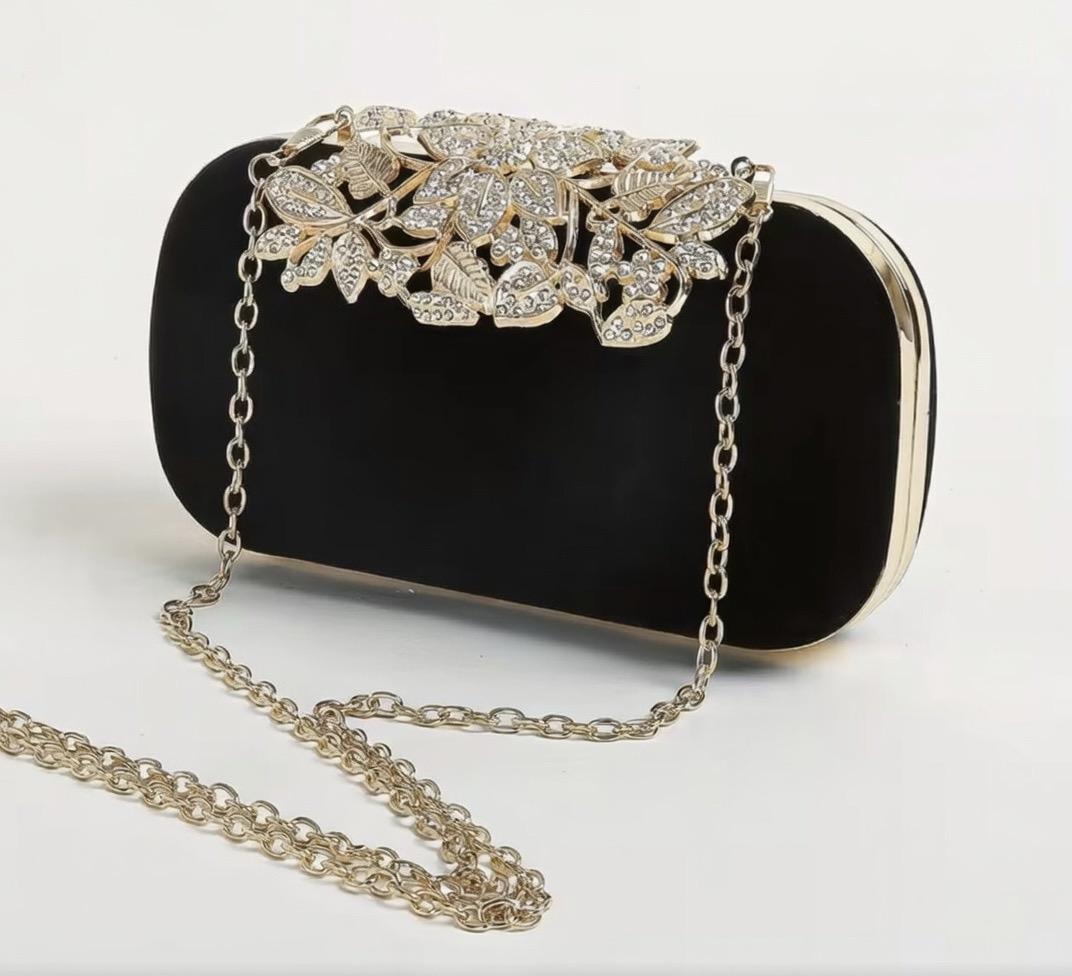 🖤 Golden Leaves – Welurowa Kopertówka Glamour ✨ Złota Aplikacja + Kryształki + Łańcuszek