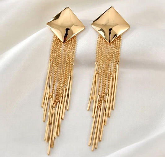 ✨ Długie kolczyki frędzle romb – złote glamour ✨
