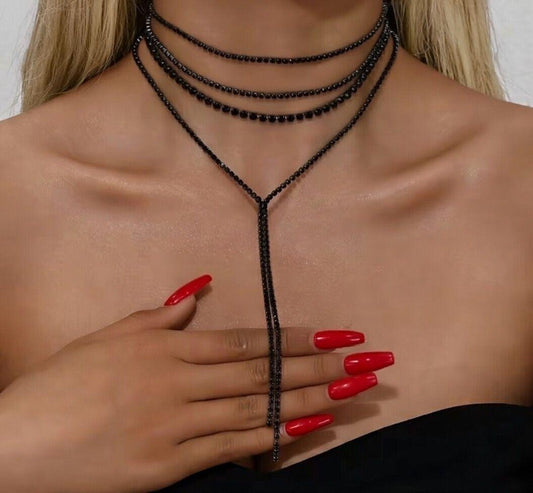 ✨ Czarny multi-layer naszyjnik-choker z kryształkami + długi V łańcuszek ✨