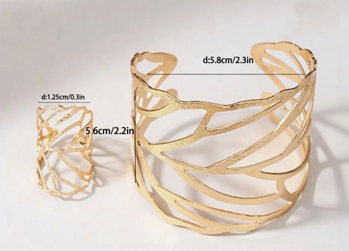 ✨ Złota bransoleta mankiet + pierścionek – liście i gałązki glamour ✨