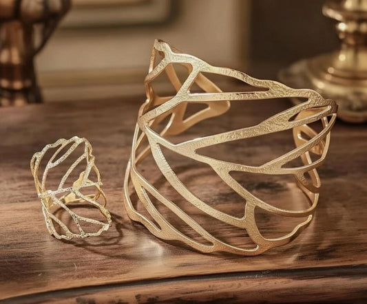✨ Złota bransoleta mankiet + pierścionek – liście i gałązki glamour ✨