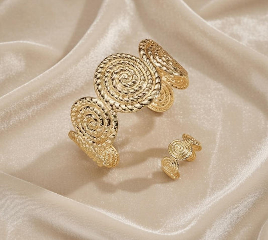 Złota bransoletka mankiet Spiral Vortex – teksturowane spirale open cuff + pierścionek✨🌀