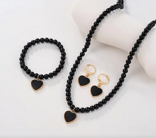 🖤 Zestaw Black Onyx Heart Gold – naszyjnik, bransoletka i kolczyki