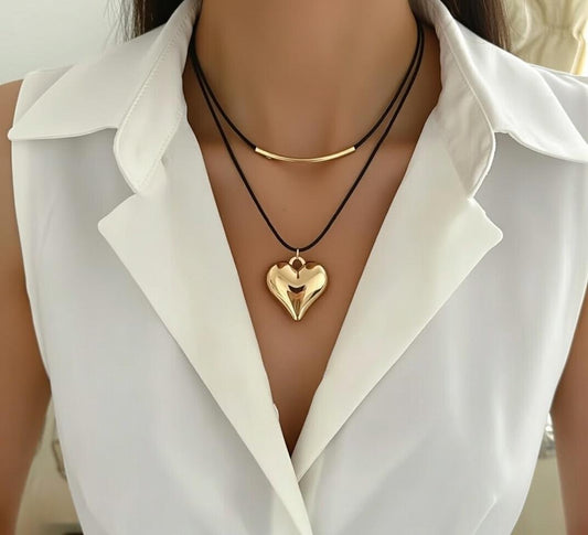 🖤 Naszyjnik Gold Heart & Tube na czarnym sznurku