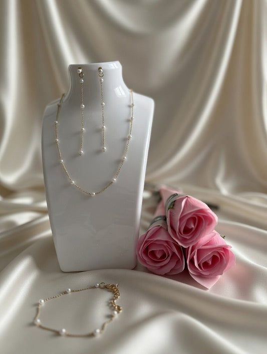 Perłowa Mgiełka – złoty komplet z perełkami ✨ naszyjnik + bransoletka + kolczyki 🤍