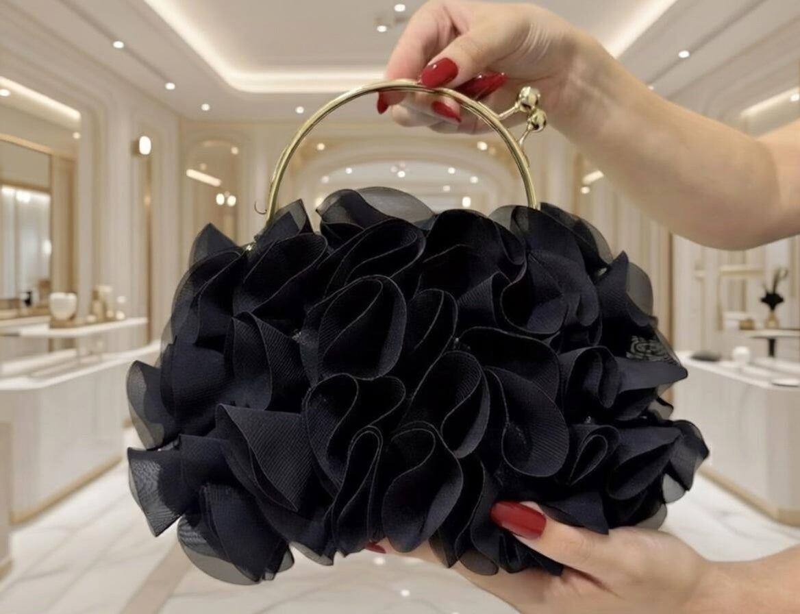 🖤 ROSE BLOOM CLUTCH – Czarna Torebka Kwiat 3D ✨ Kopertówka Glamour