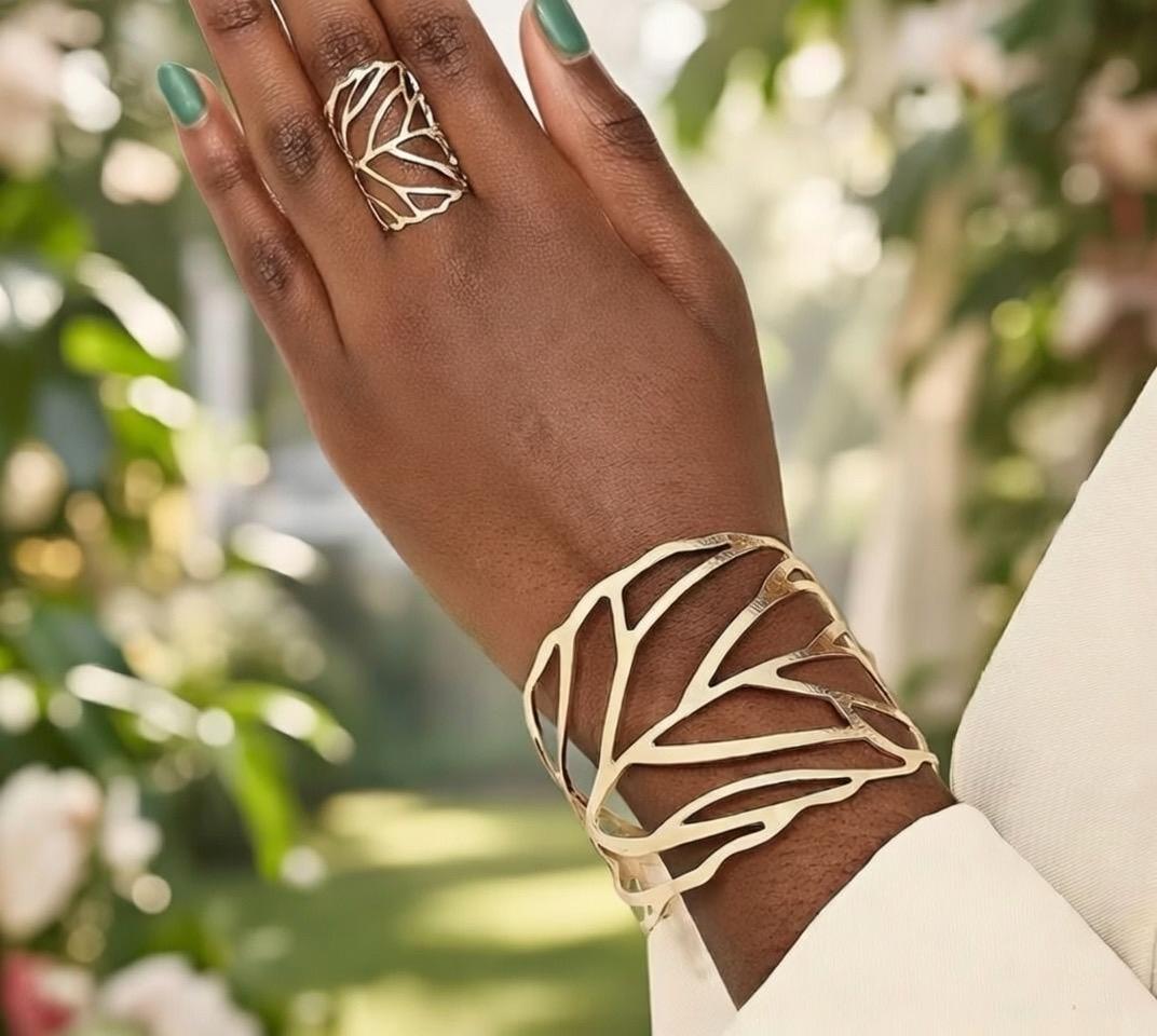 ✨ Złota bransoleta mankiet + pierścionek – liście i gałązki glamour ✨